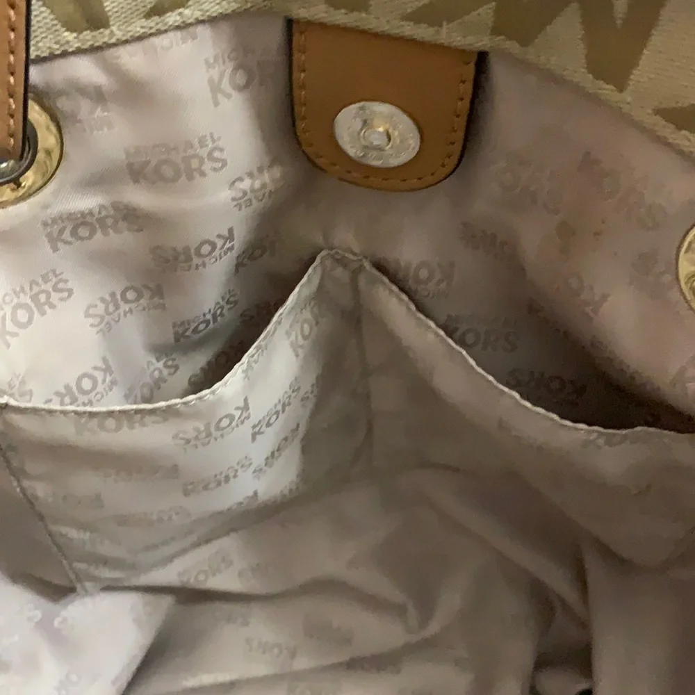 Michael Kors MK monogrammed print tan large shoulder bag with tan leather straps